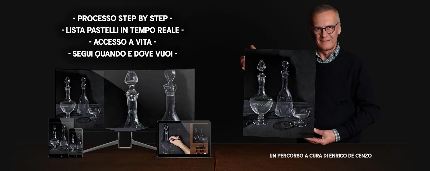 Mockup del corso &laquo;Realizzare il vetro con le matite pastello&raquo; su laptop e tablet