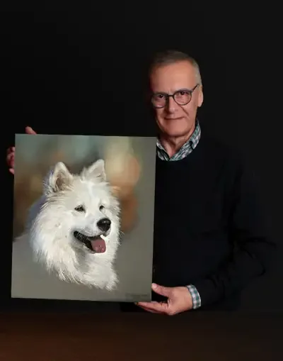 Enrico De Cenzo con il cane Tzara, nel suo studio
