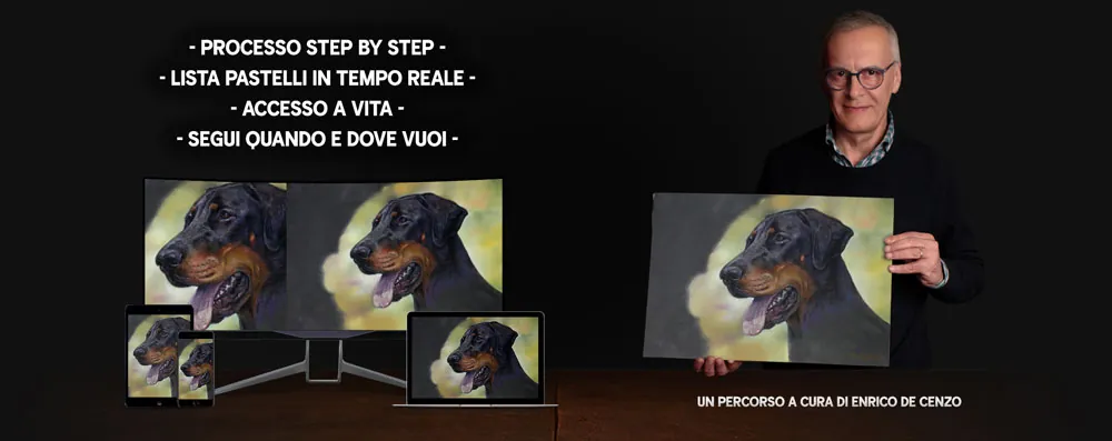 Mockup del corso &laquo;Ritrarre la forza di un Dobermann con i pastelli morbidi&raquo; su laptop e tablet